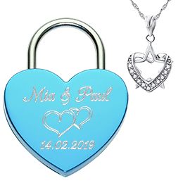 Heart love lock blue with silver necklace